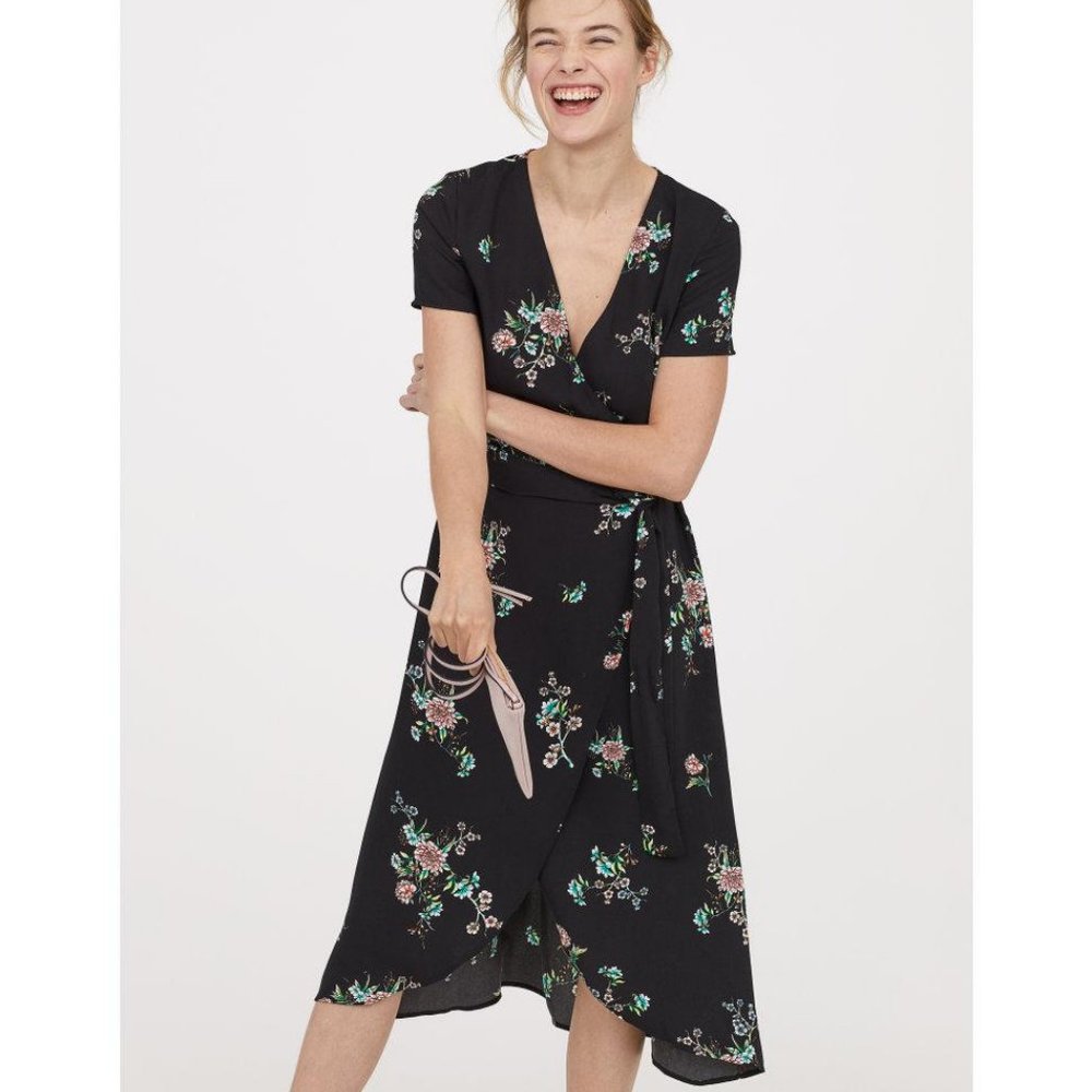 H&M Black Floral Faux-wrap Dress